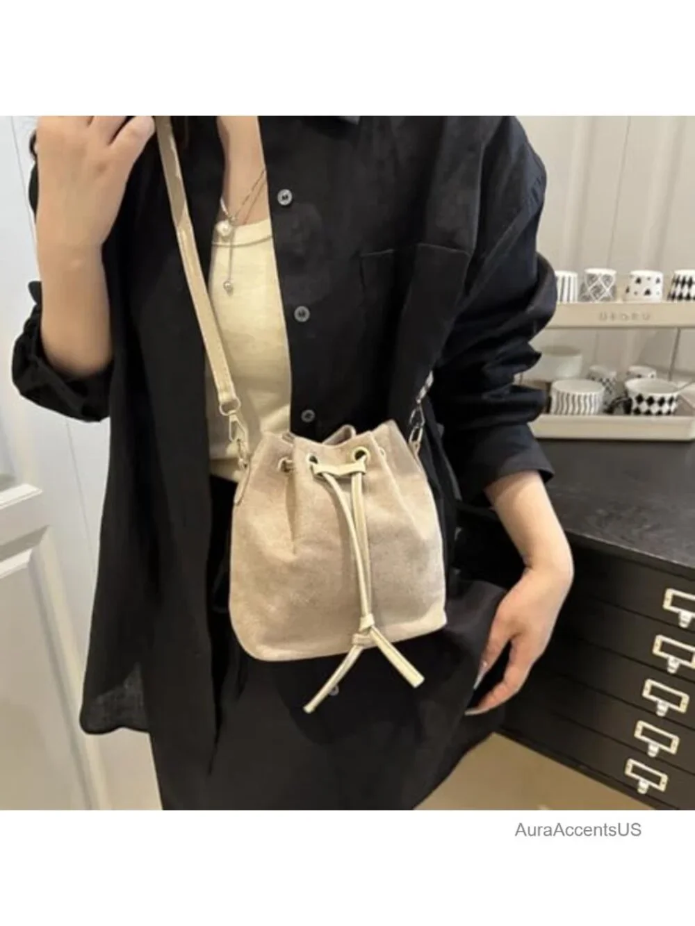 Suede Bucket Bag for Women Drawstring Crossbody Hobo Handbag